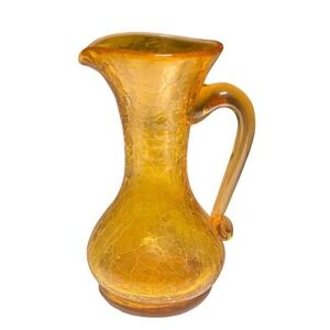 Vintage Amber Crackle Glass Pitcher Small Hand Blown Decorative Vase Gold 5.5"
